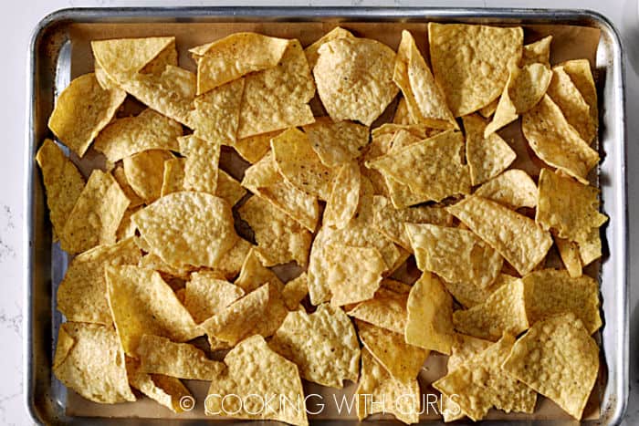 A layer of tortilla chips on a sheet pan. 