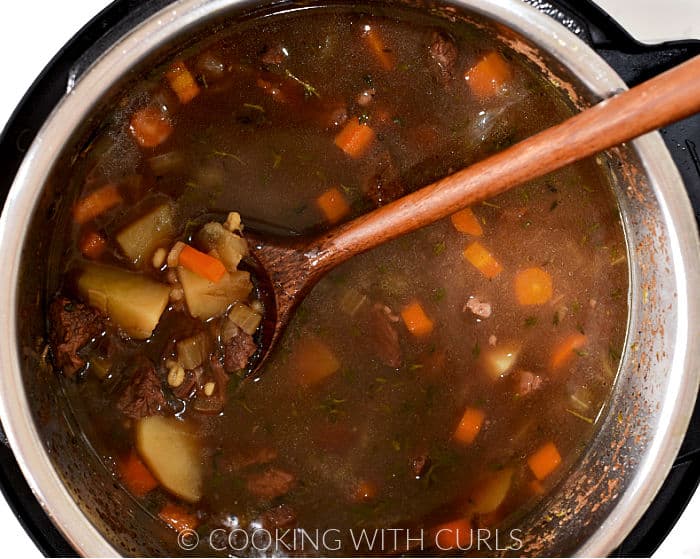 A wooden spoon with a scoop of beef and barley stew. 