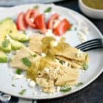 Two Instant Pot Salsa Verde Chicken Tamales on a white plate with sliced tomato and avocado, garnished with queso, salsa and cilantro.