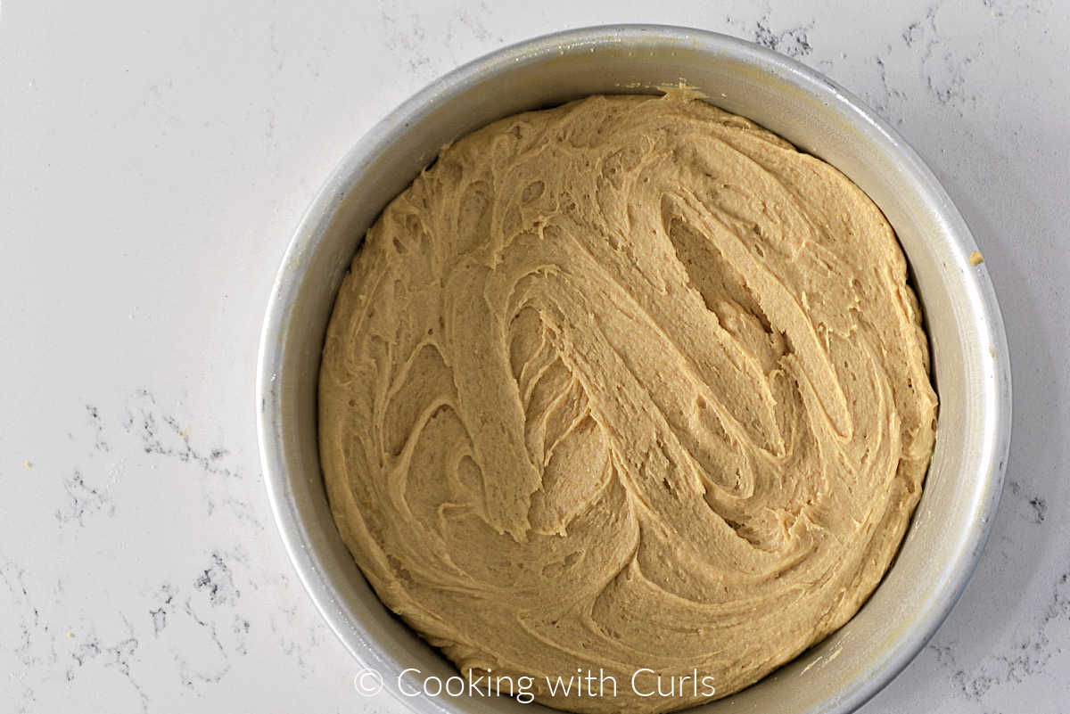 Cake batter spread in round cake pan. 