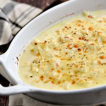 Cauliflower Gratin in a white baking dish.