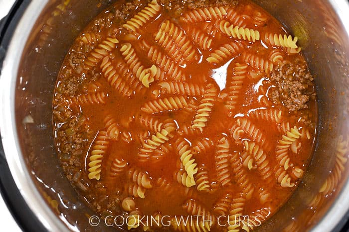 Ground beef, chicken stock, salsa, and pasta in a pressure cooker. 