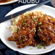 Two chicken thighs covered with a brown onion sauce and diced green onions on a bed of rice with chopsticks in the upper left corner of the plate and title graphic across the top.