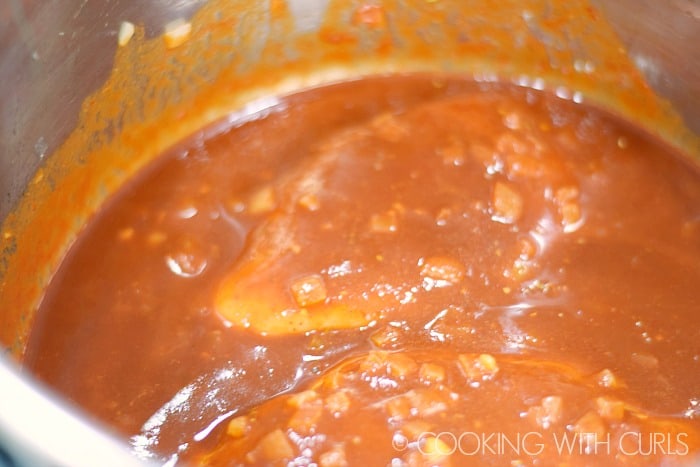 Instant Pot Mexican Casserole add the chicken and cover with sauce.