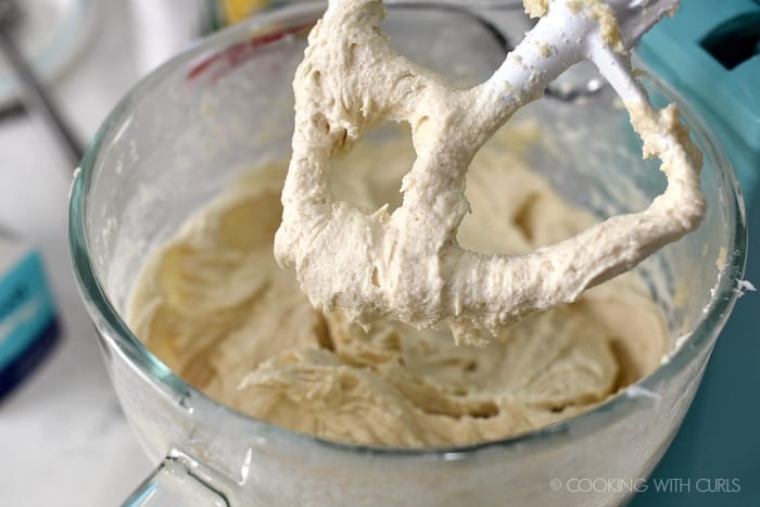 Masa mixture blended with chicken stock in a stand mixer. 