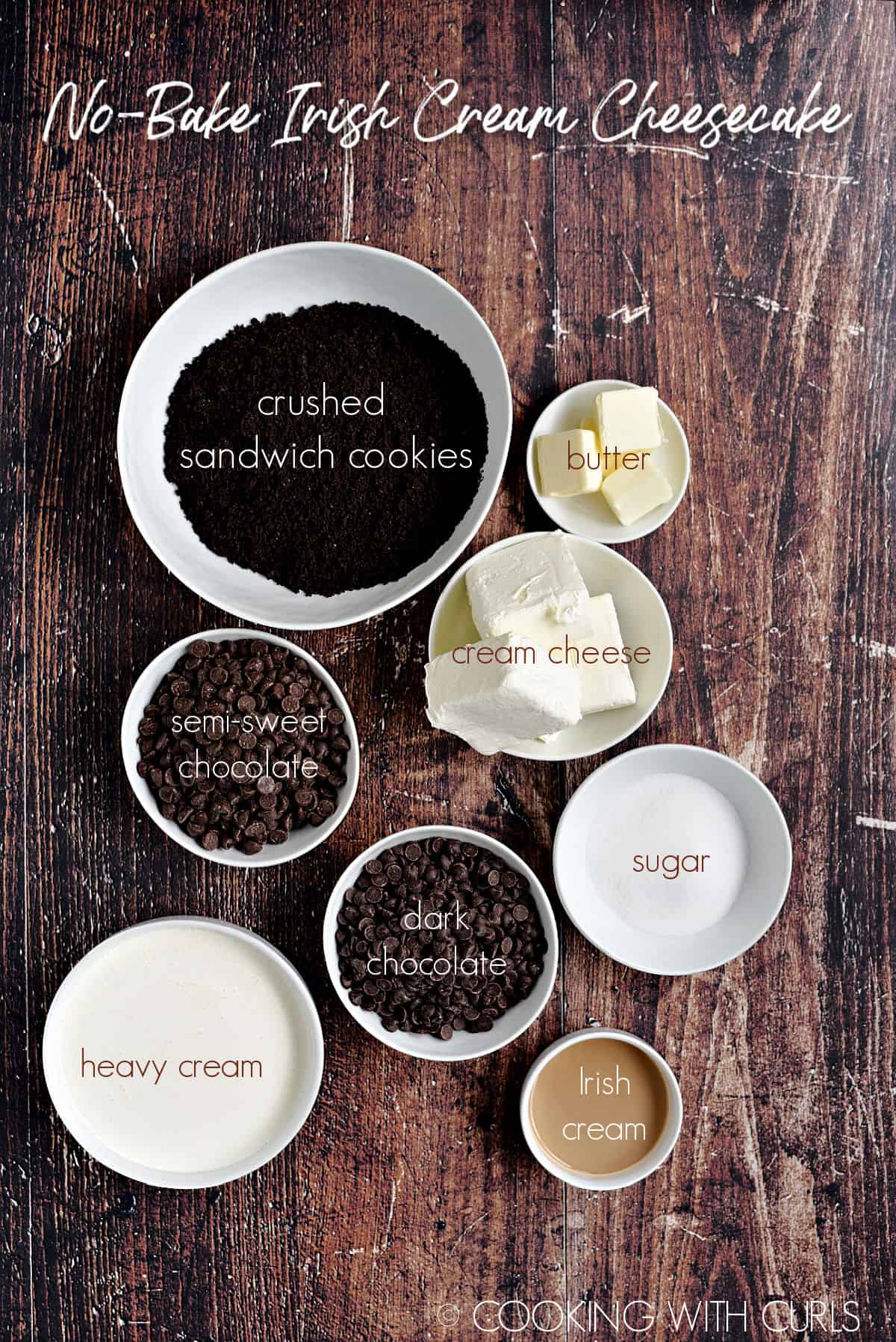 No-Bake Irish Cream Cheesecake ingredients in white bowls. 