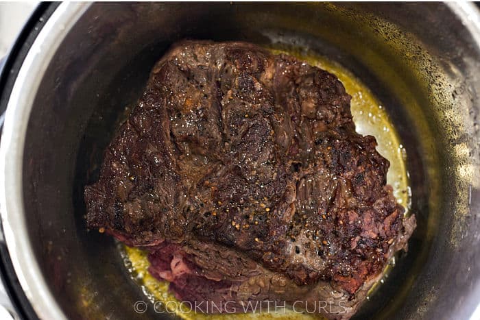 Seared chuck roast in an instant pot. 