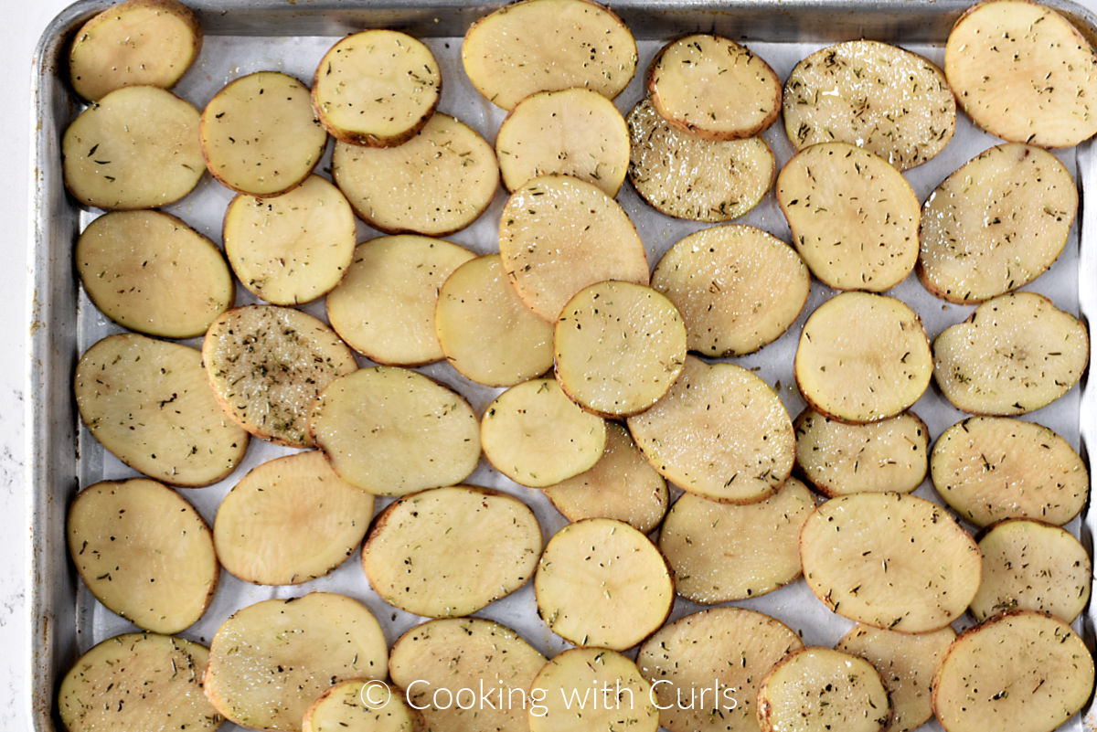 Seasoned potato slices in a single layer on a baking sheet. 