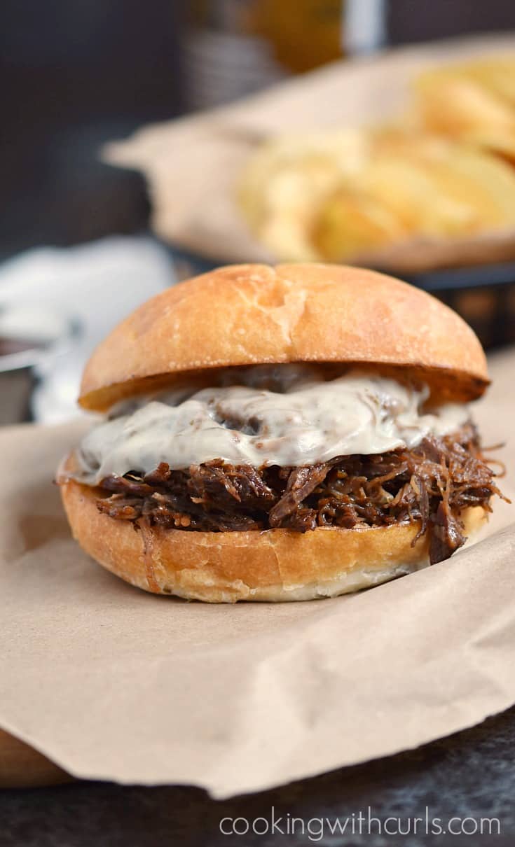 barbecue beef sandwich with melted cheese and potato chips on the side